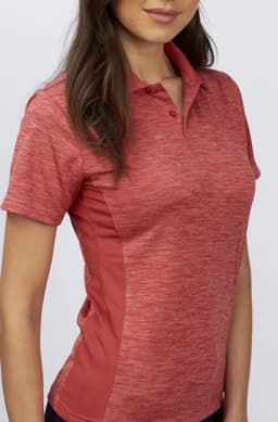 A red ladies' polo shirt featuring a textured design and a collar. It has a fitted silhouette and includes a branding logo.