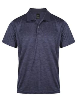 A navy blue men's polo shirt with a subtle textured pattern and a collar. It features a logo on the chest.