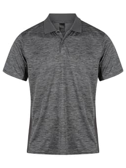 A men's polo shirt in shades of grey with a contrasting collar and side panels, featuring a logo.