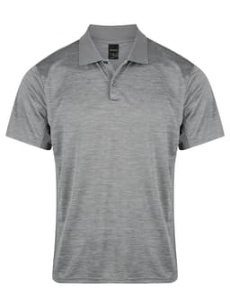 A grey men's polo shirt featuring a collar and short sleeves. It has a logo on the chest.