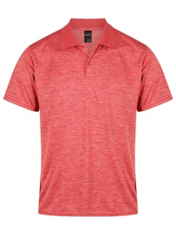 A red men's polo shirt featuring a subtle textured pattern and a collar. It includes a logo on the chest.