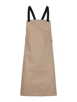 A beige bib apron with black straps, featuring a front pocket and a simple design.
