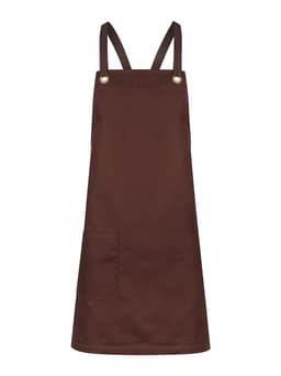 A brown bib apron featuring adjustable straps and a front pocket, with a logo on it.