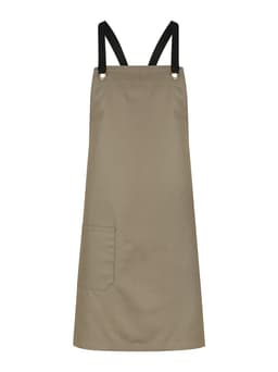 A khaki bib apron featuring black straps and a front pocket, with a logo present.