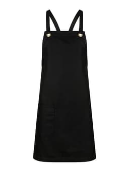 A black bib apron featuring adjustable straps and a front pocket. It has a logo on the side.