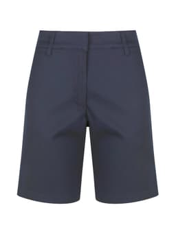 A navy pair of ladies chino shorts with a sleek design and front pockets, featuring a logo.
