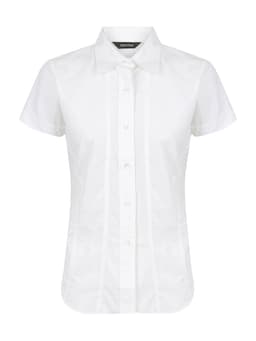 A white ladies short sleeve button-up shirt with a collar and front button closure, featuring a logo.