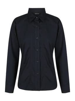 Aston ladies' long sleeve button-up shirt in navy blue with a tailored fit and a small logo.