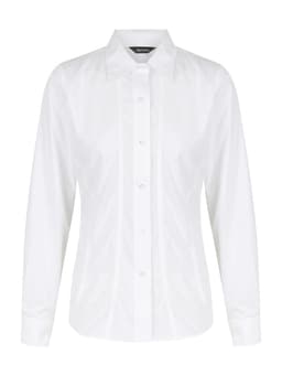 A white long sleeve button-up shirt for ladies, featuring a classic collar and a fitted design.