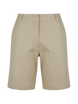A pair of khaki chino shorts featuring a clean design and front pockets, with a branding logo present.