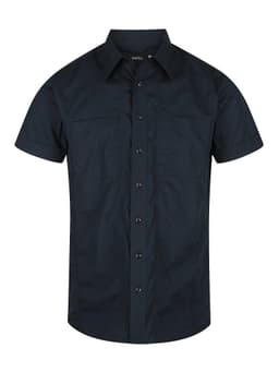A short sleeve button-up shirt in navy blue, featuring two chest pockets and a logo on the collar.