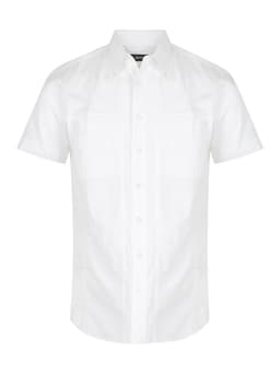 White short sleeve button-up shirt featuring two chest pockets and a logo on the label.