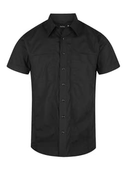 Black short sleeve button-up shirt featuring a structured design and two front pockets. Includes a logo.