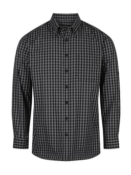 A men's long sleeve button-up shirt featuring a black and grey checkered pattern and a pocket on the chest.