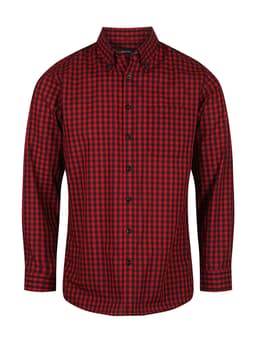A red and black checkered long sleeve button-up shirt featuring a collar and a logo.