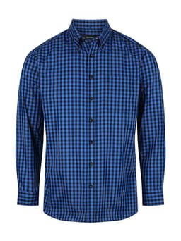 A blue and black checked long sleeve button-up shirt featuring a collar and button placket.