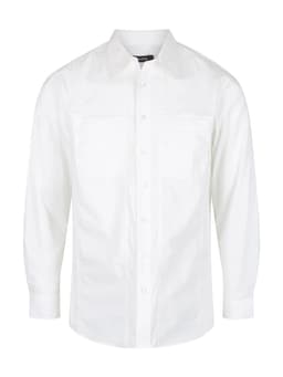 A white long sleeve button-up shirt with two chest pockets and a collar. Features branding on the label.