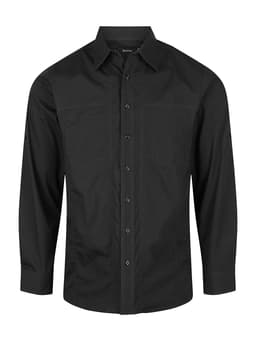 A black long sleeve button-up shirt with two chest pockets and a logo on one sleeve.