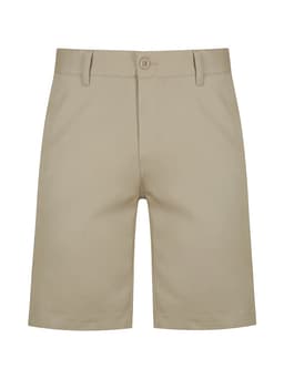 Beige men's chino shorts with a button closure and pockets. Features a logo, tailored for a smart-casual look.