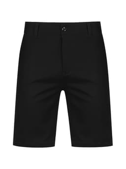 Black dress shorts featuring a classic design and a front button closure. Includes a logo.