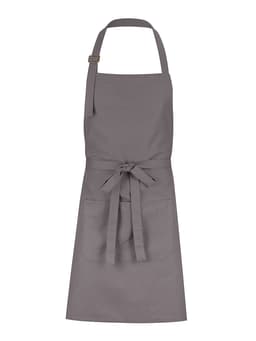 A grey bib apron featuring a waist tie and pocket, with an adjustable neck strap and branding.