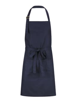 A navy blue bib apron featuring a front pocket and a tie waist, with a logo on the upper area.