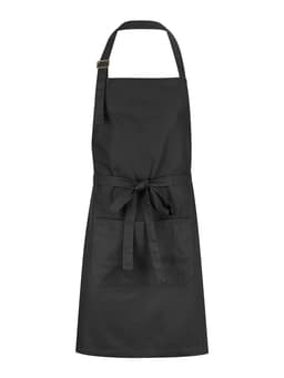 A black bib apron featuring a front pocket and a waist tie, with an adjustable neck strap and a logo.