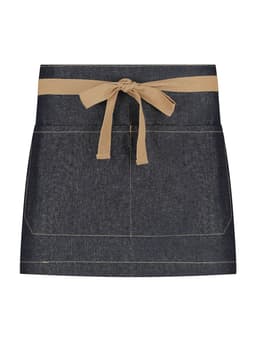 A short waist apron in navy denim with a tan tie, featuring a simple design and pockets. It has a logo.