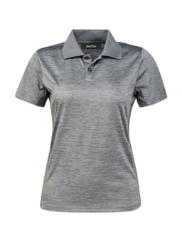 A grey ladies' polo shirt featuring a collar and a branded logo. Suitable for casual or semi-formal wear.