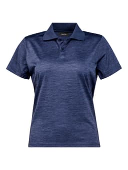 A navy blue ladies' polo shirt with a collar and three buttons, featuring a logo on the chest.