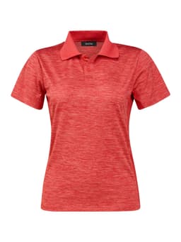 A red ladies polo shirt featuring a classic collar and a logo on the label.