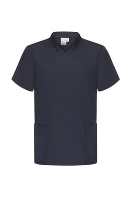 A unisex navy scrubs top featuring a V-neck, short sleeves, and a pocket on the front. It has a logo.