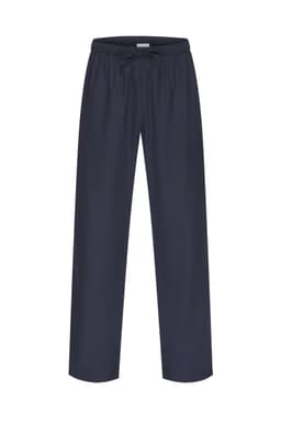 Unisex scrub pants in dark navy, featuring an elastic waistband with a drawstring and a logo.