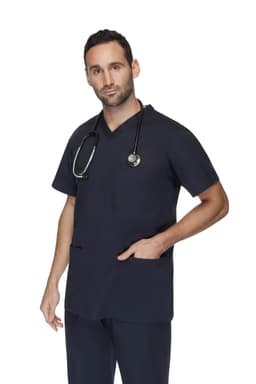 Unisex navy scrub top with a V-neck design, featuring short sleeves and pockets. Includes a stethoscope.