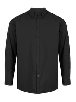 A black long sleeve button-up shirt with a collar and front button closure. Features a logo on the label.