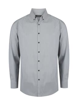 A long sleeve men's shirt in light grey with a button-up front and a collar. It features a logo on the label.