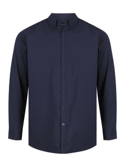 A navy blue men's long sleeve button-up shirt with a classic collar and a logo.