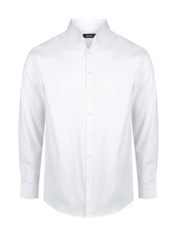 A white long sleeve button-up shirt with a collar and buttons down the front, featuring a logo on the label.