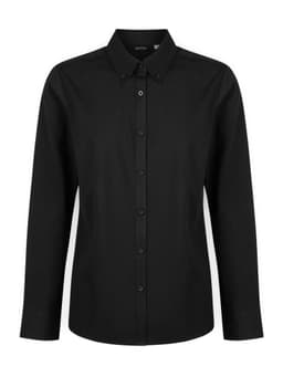 A ladies' long sleeve button-up shirt in black with a classic collar and button closure, featuring a logo.
