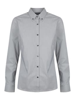 A long sleeve button-up shirt in light grey with a collar and buttons down the front, featuring a brand logo.