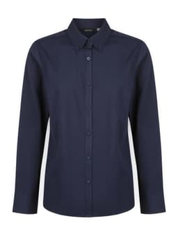 A ladies long sleeve button-up shirt in navy blue, featuring a collar and front buttons. It has a logo on the label.