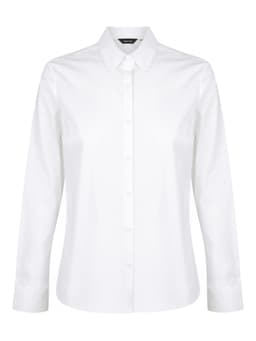 A white long sleeve button-up shirt featuring a classic collar and a branding logo.