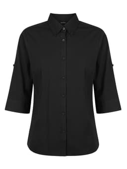 A black ladies' 3/4 sleeve button-up shirt with a collared neckline and roll-up cuff details.