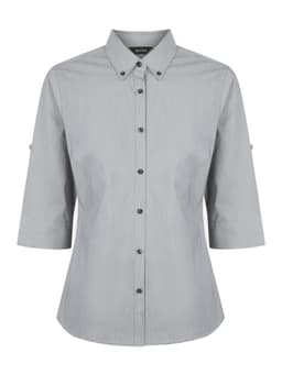 A light grey ladies' 3/4 sleeve button-up shirt with a collar and logo detailing.