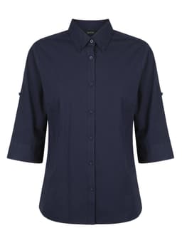 A button-up shirt in navy blue with 3/4 sleeves and a collar, featuring a logo.