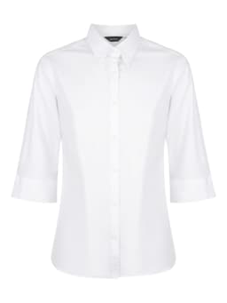 A white ladies' button-up shirt with 3/4 sleeves, featuring a collar and a logo.