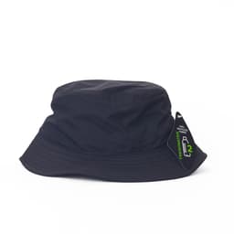 A black bucket hat with a branded tag, featuring a wide brim and a simple design.