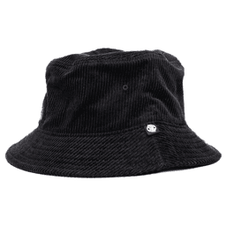 A black cord bucket hat with a brand logo on the side, featuring a wide brim and a textured fabric.