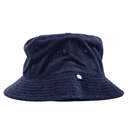 A navy cord bucket hat with a wide brim and a small logo on the front.