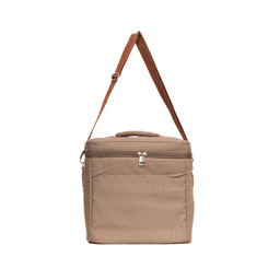 A beige cooler bag with a zippered compartment and an adjustable shoulder strap. It features a small handle on the top.